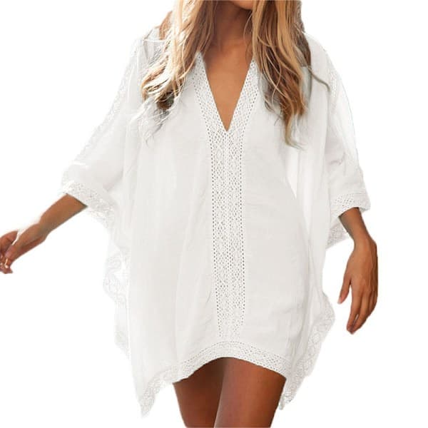 Strandklänning Bikini Cover-Up för Kvinnor - Kaftan Kimono Tunika, Vit, One Size White
