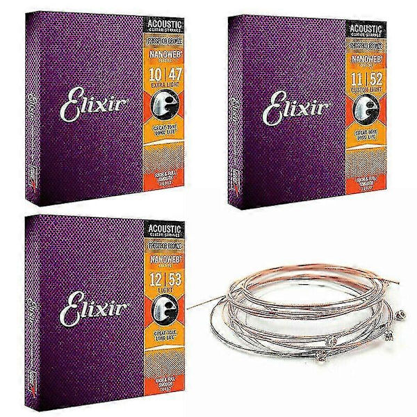 3 st Elixir akustiska gitarrsträngar Nanoweb Phosphor Bronze Light
