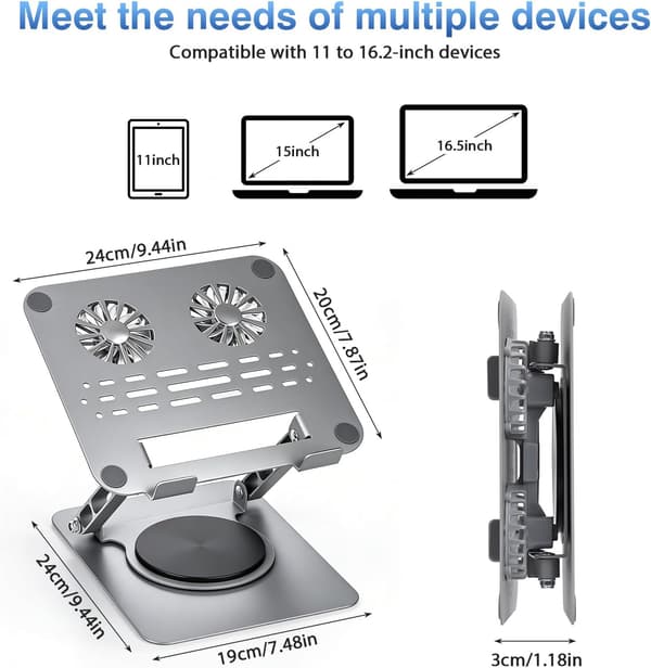 Bærbar kølestander med blæser, ergonomisk justerbar bærbar kølestander med 360° rotation, foldbar bærbar hæver til bærbare computere og tablets (sølv)