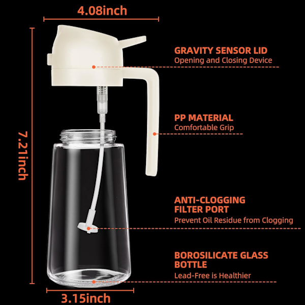 47 cl Oliedispenserflaske til køkkenet - 2-i-1 Olivenoliedispenser og oliesprøjte - 470 ml Olivenolieflaske - (Hvid) Off-white