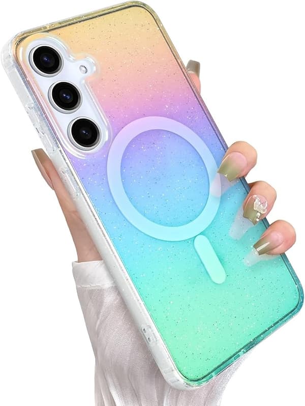 Samsung Galaxy S25 Plus Glitterdeksel for kvinner og jenter, MagSafe-kompatibel, Klart iriserende regnbueglitrende blingdeksel, Gradientfarge Iridescent Glitter