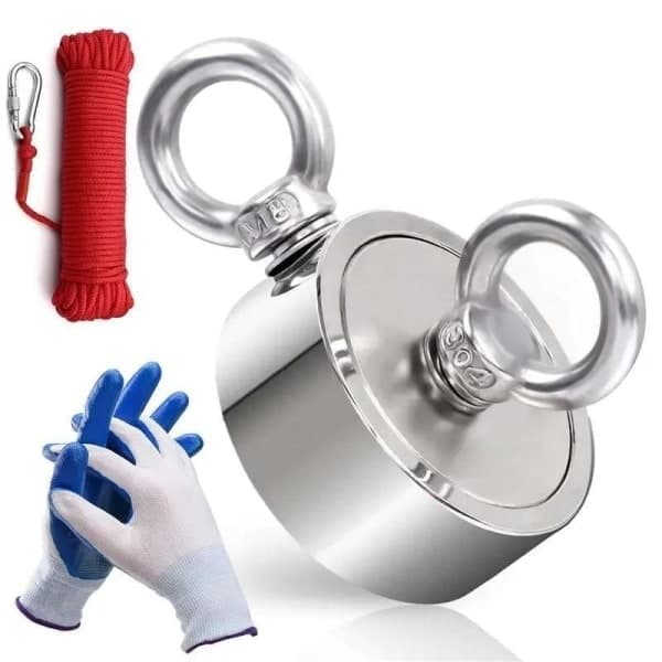 Neodymiummagnet, fiskemagnet 150 kg, 10 meter rep & skyddshandskar silver