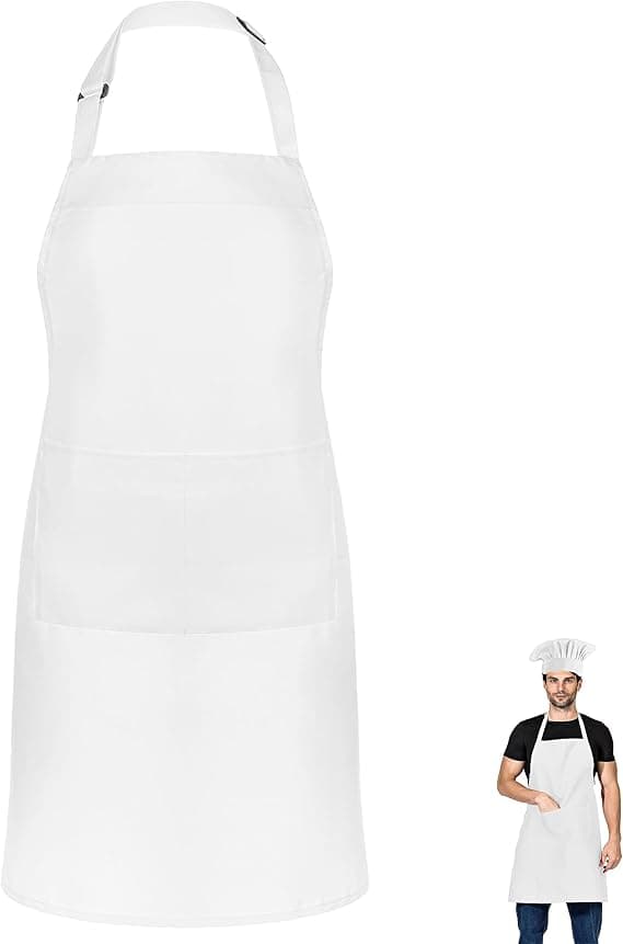 Kjøkkenforkle, justerbart kokkeforkle med 2 lommer, forkle for kvinner og menn, baking, hagearbeid, grilling, profesjonelt forkle (hvitt) white