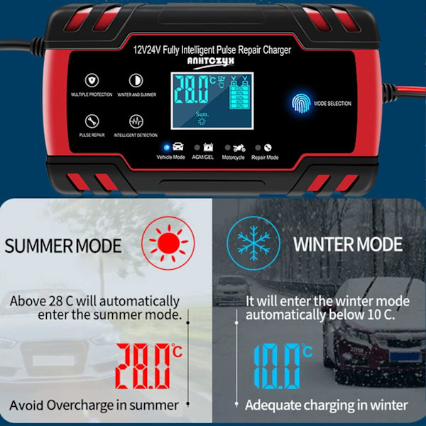 12V/24V 8Amp Bilbatterilader, Automatisk Smart Batterilader
