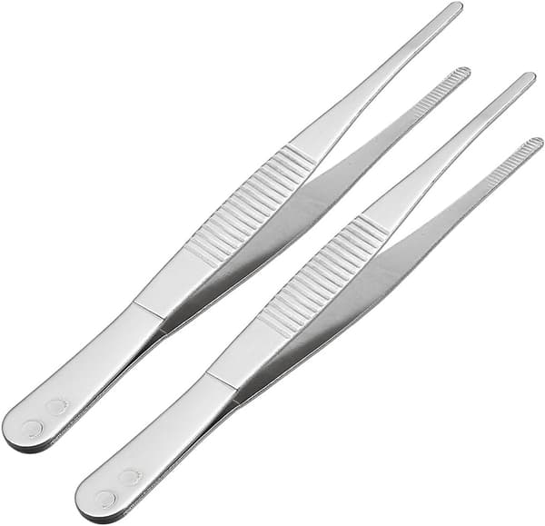2 stk. lige, stumpe pincetter i rustfrit stål med savtakket spids, 5 tommer