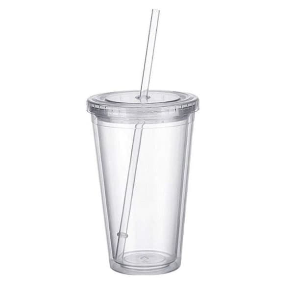 Dubbelväggig plastmugg med lock och sugrör, 500 ml isolerad kaffekopp, transparent resemugg