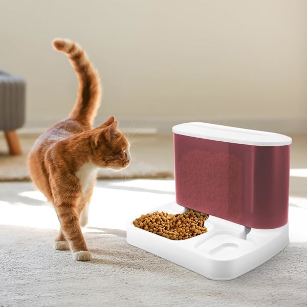 2-i-1 Automatisk Kattefoder- og Vanddispenser - Gravitationsfoder og Vanddispenser til Små Hunde, Hvalpe, Katte, Kæledyr (Pink)