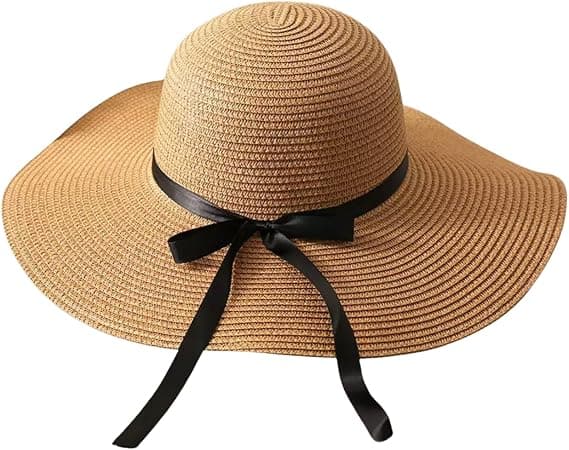 Dame stråhatt sommer strand solhatt diskett og sammenleggbar med stor bred brem og sløyfebånd Brown