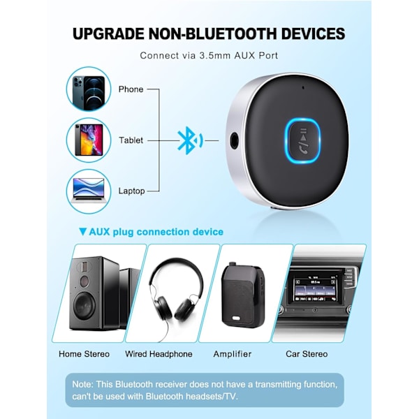 Aux Bluetooth 5.3 Mottaker, Bil Bluetooth Aux Adapter Roterer 180° Trådløs Lyd, Passer for Bil 3.5mm Jack.