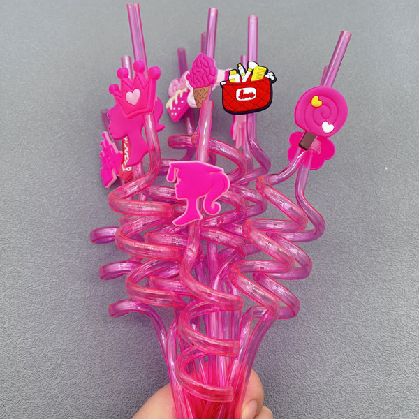 1 kpl Pink Princess Kids Straw uudelleenkäytettävä muovinen spiraalijuoma S A8