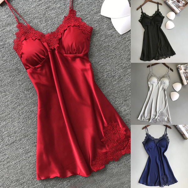 Kvinder Sexet Lingeri Silke Lace Robe Kjole Babydoll Natkjole Red M