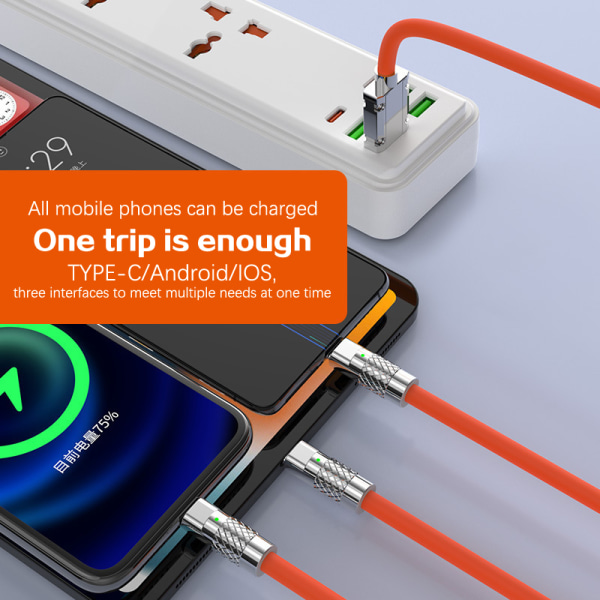 Tykke 3 i 1 120W USB hurtigopladerkabel til Micro USB Type-C Orange