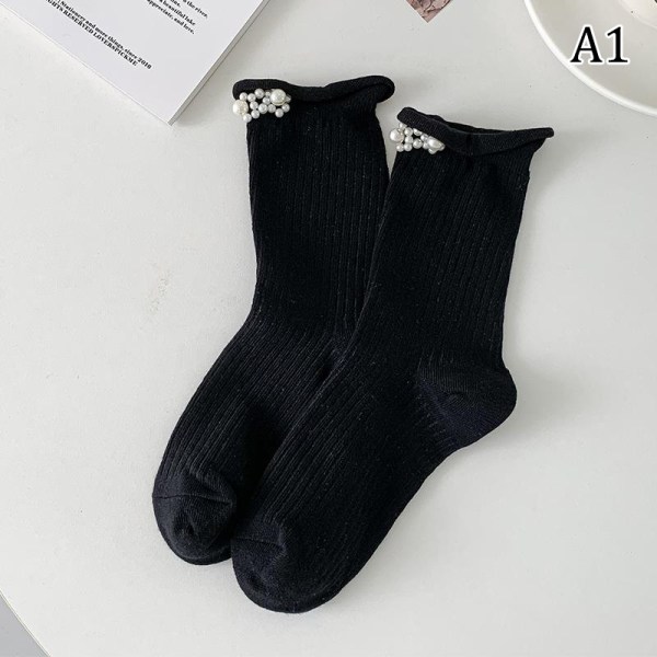 1Pari Pearl Calf Socks Tyttösukat Musta Valkoinen JK Middle Tube La A6