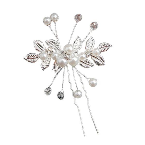 Crystal Pearl Flower Hårnålar Clips U-formad hårnål Gold Leaf Silver