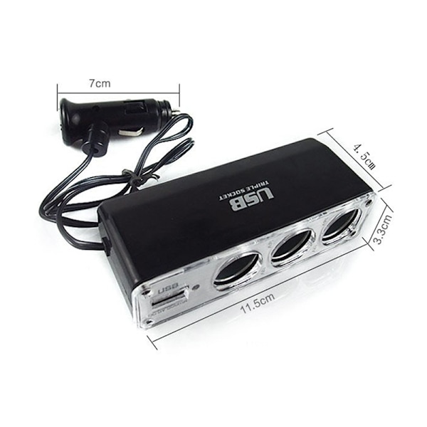 Sort 3-veis Multi Socket Bil Lighter Splitter USB-lader
