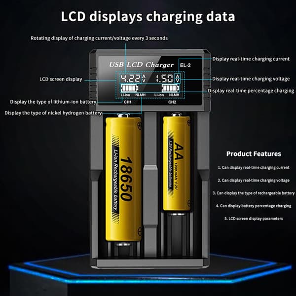 USB LCD Smart Oplader 1 / 2 Slots Oplader Til 18650 3.7V Genopladelig EL2 TYPEC