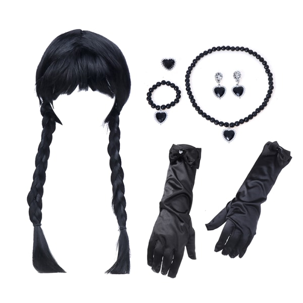 Onsdag Addams Cosplay Peruk Halsband Örhängen Armband Handskar