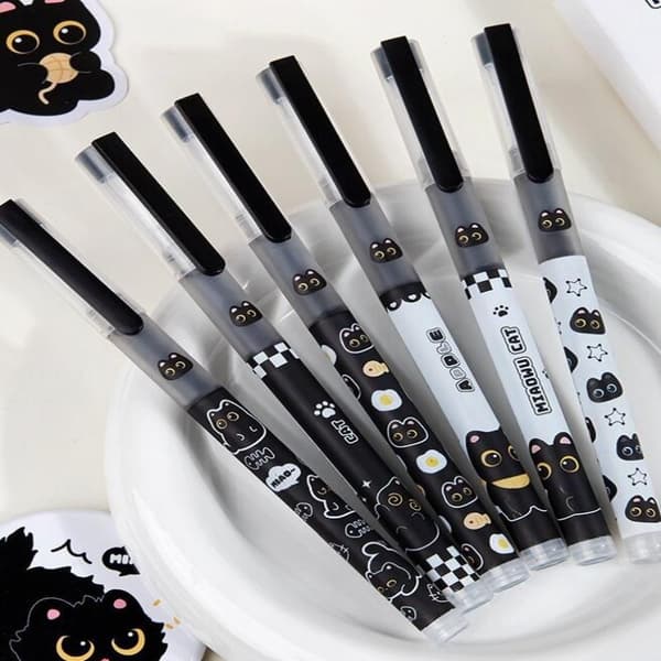 6 STK Sort Kul Kat Direkte Flydende Rollerball Pen Med Mini Smo A1