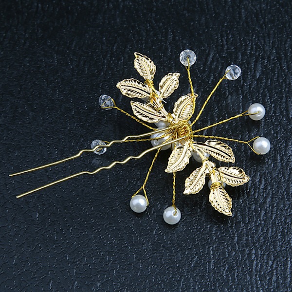 Crystal Pearl Flower Hårnålar Clips U-formad hårnål Gold Leaf Silver