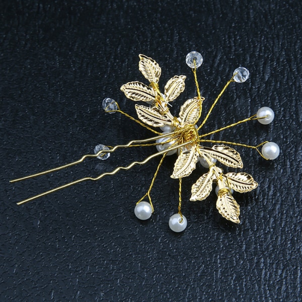 Crystal Pearl Flower Hårnåle Clips U-formet hårnål Gold Leaf Silver