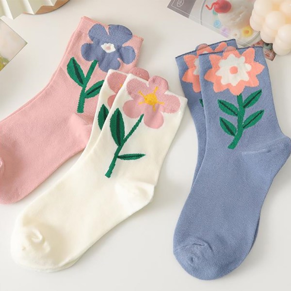 Bomull Damstrumpor Casual Andas n Style Cartoon Flower Ca White