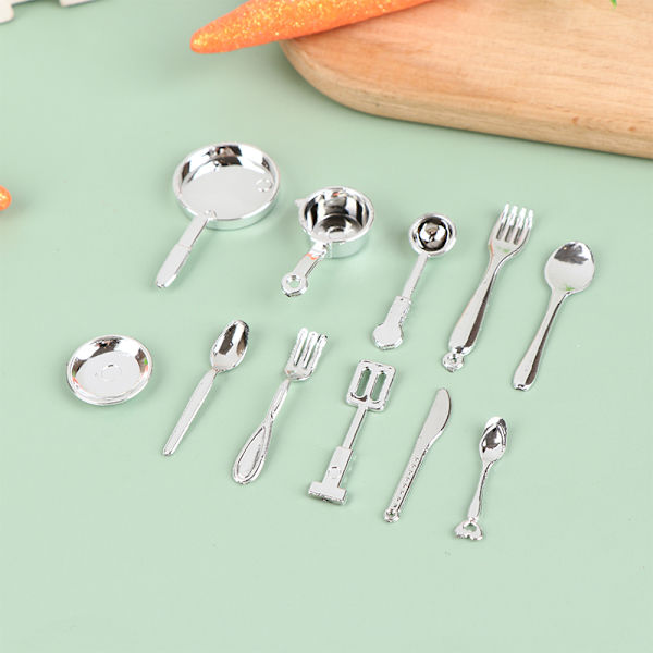 11 st/ set Dollhouse Miniatyr sked gaffel pott redskap modell kit Silver
