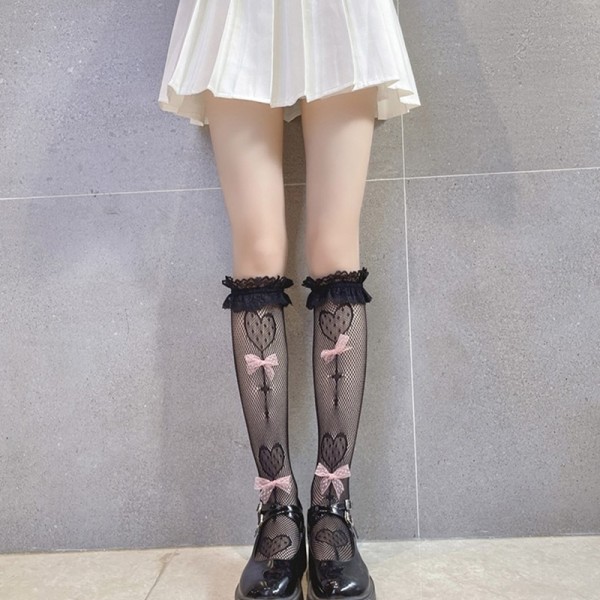 Dame Lolita Fishnet blonder over kne lange sokker e Heart Lollipop black