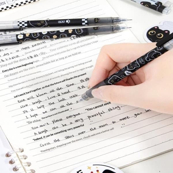 6 STK Sort Kul Kat Direkte Flydende Rollerball Pen Med Mini Smo A1
