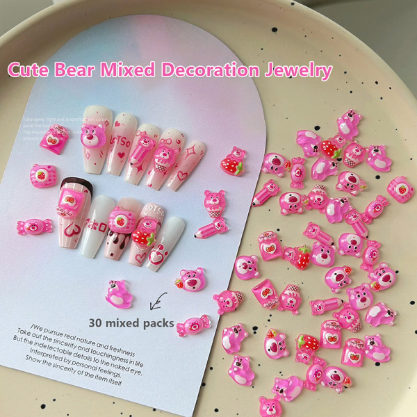30 stk 3D-negledekorasjon Jordbærrosa bjørnharpiks DIY Nail Ac