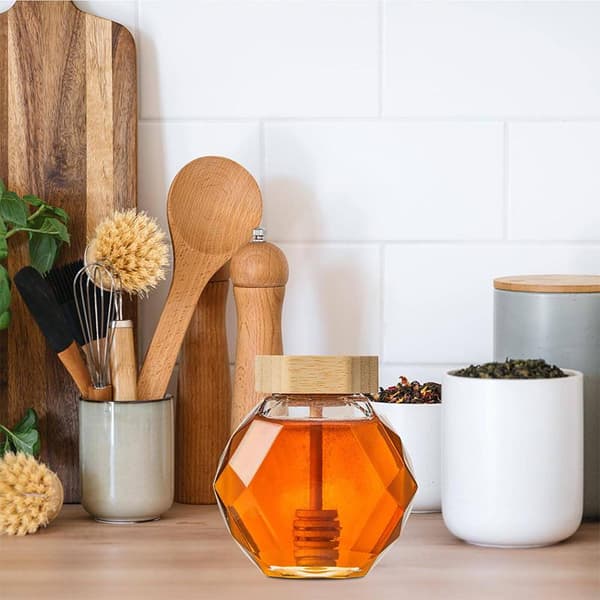 Honungsburk Hexagonal Glas Honungsflaska Med Träomrörare 500g