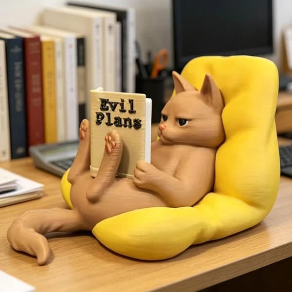 3D-printet lesende kattefigur Morsom lat kattepositur Kattepynt