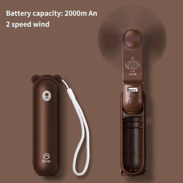 Handheld Bear Electric Pieni tuuletin Monitoiminen taitettava USB A2