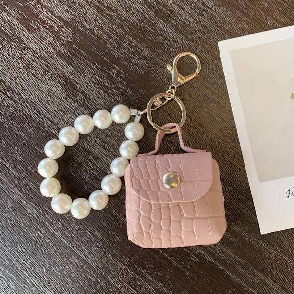Myntplånböcker Pearl Chain Keychain Hörlurslåda Key Organizer Bag White
