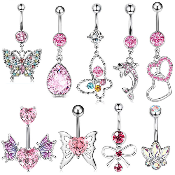 Pink Zircon Belly Button Rings Rustfrit stål Sexy Dangle Nave A1