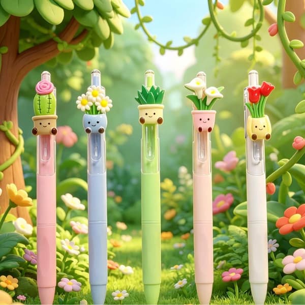 5 stk. kreative kuglepenne med tema, blomster, hurtigtørrende