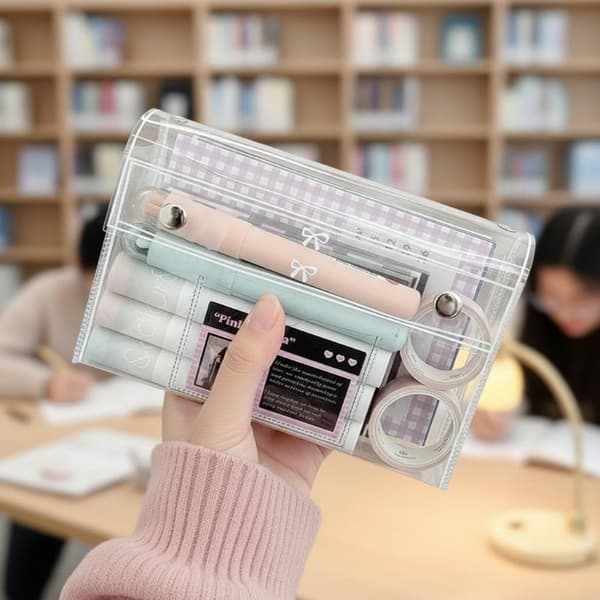 PVC Transparent Knapp Pennfodral Stor Kapacitet Vertikal Enkel