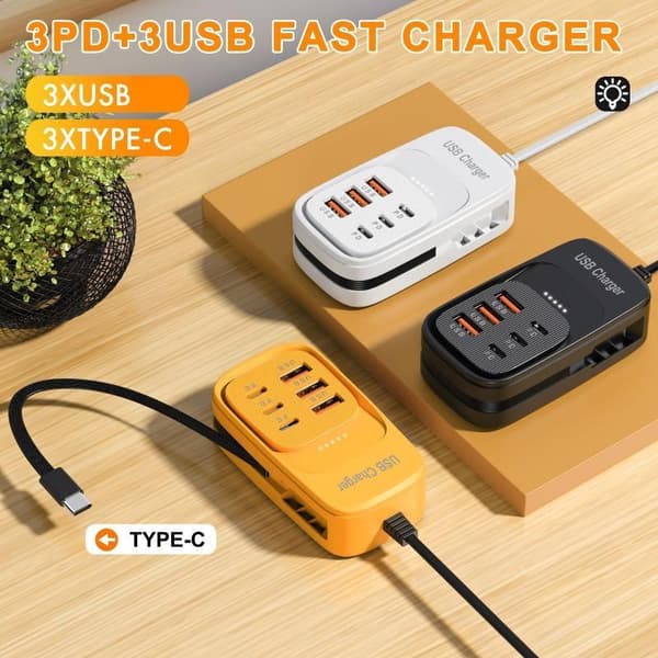1 stk. 6 USB A-oplader USB-hurtigopladningsstik med Type C-kabel Yellow 6usb EU