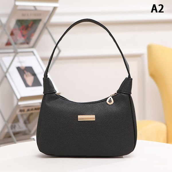 Lichee Læder Dame Skuldertaske Retro Solid Color Hobos Handb Black