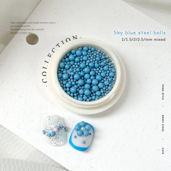 1 Box Färgad stålpärla Olika storlekar 3D Mini Balls Sweet Nai Blue