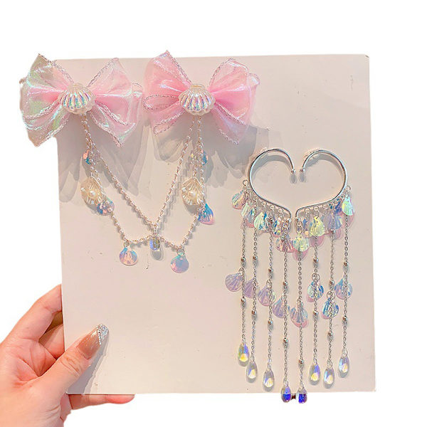 Lapset Mermaid Princess Pearl Fringe Bow Otsaketju Hiukset A7