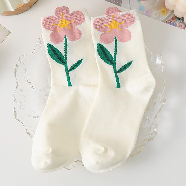 Bomull Damstrumpor Casual Andas n Style Cartoon Flower Ca White