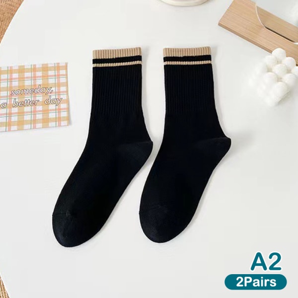 2Pari uudet muotisukat Yksiväriset raidalliset sukat Casual Cotton A4