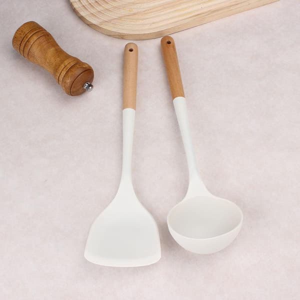 Vit silikon köksredskap med trähandtag, non-stick A1