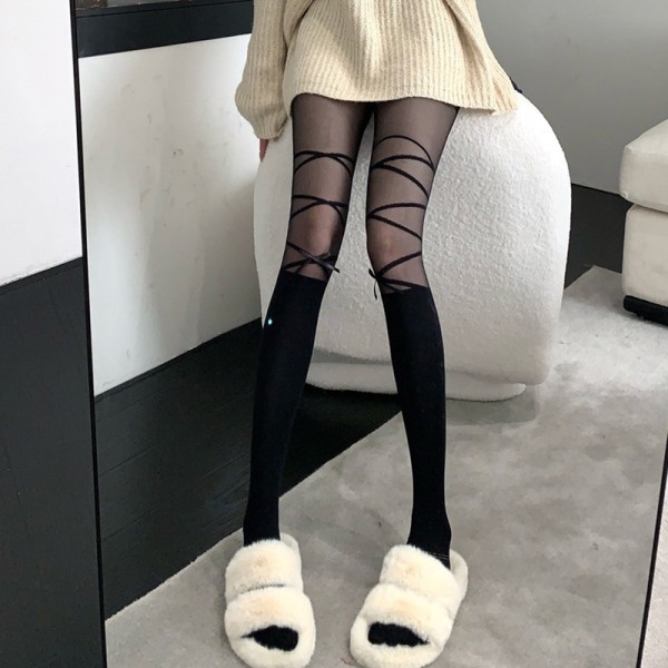Type Cross Bandage Print Fishnet Tights Dame Mesh Hollow Out Black