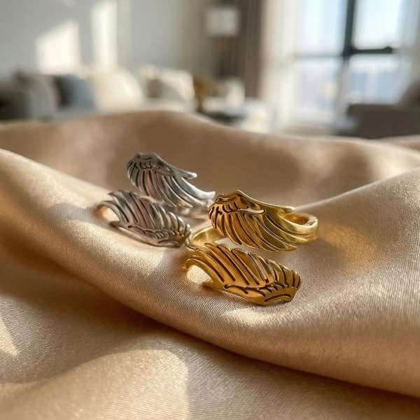 Rustfrit stål englevinge ring åbning justerbar fjer smykker Silver