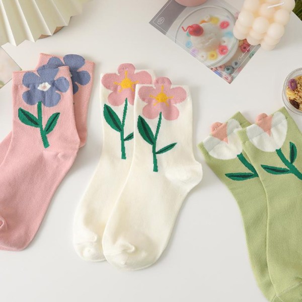 Bomull Damstrumpor Casual Andas n Style Cartoon Flower Ca Green