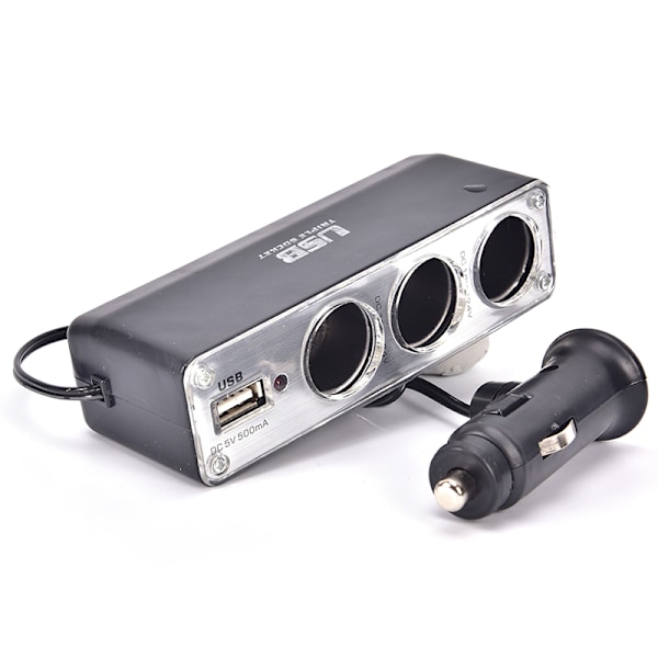 Sort 3-veis Multi Socket Bil Lighter Splitter USB-lader