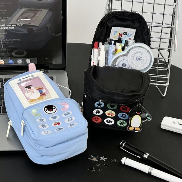 Kawaii Pingvin Canvas Pennväska Telefonform Stor Kapacitet Statio Blue