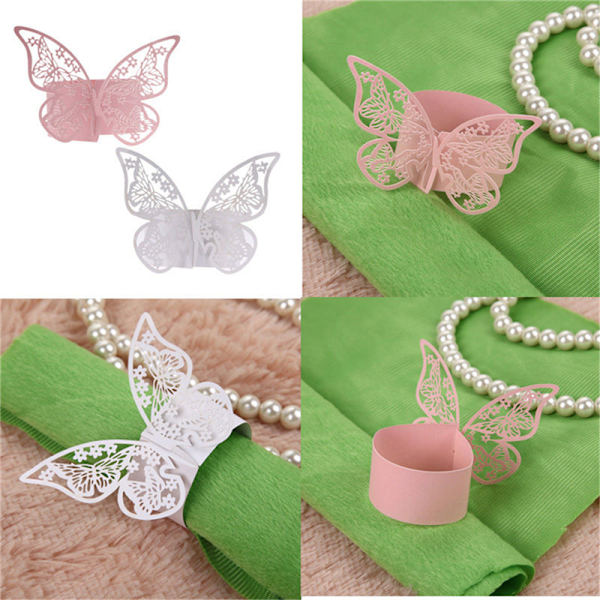 50 st Butterfly Servett Ring Pappershållare Bord Fest Bröllop Fa White