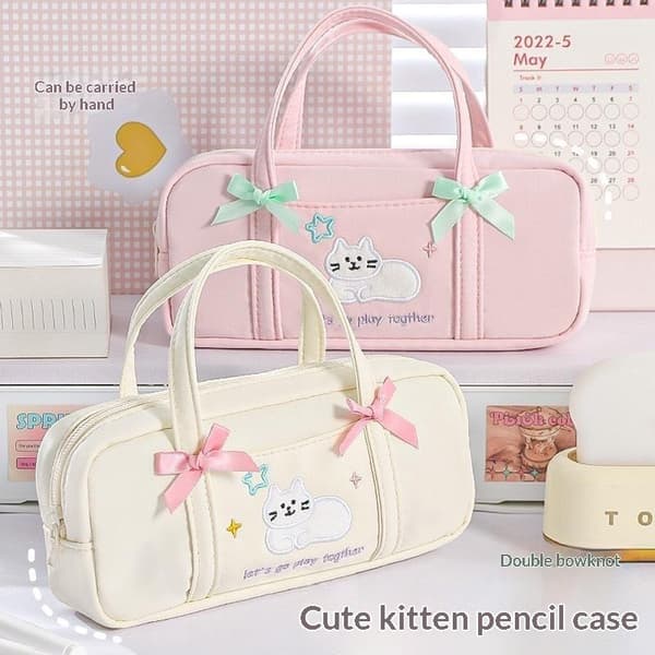 e Bow Kitten Pennväska Bärbar Broderi Högt Värde Liten Fr White